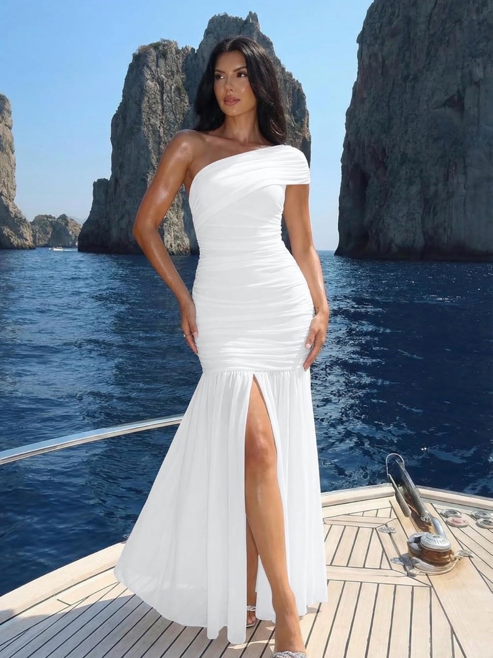 One-Shoulder White Maxi Dress with Front Slit